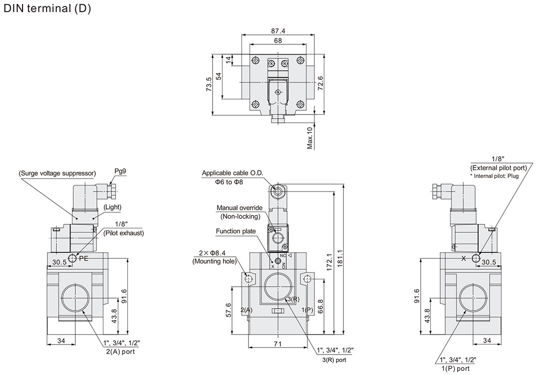 VG342 Series Pilot Operated Poppet Type 3 Port Solenoid Valve (Rubber ...